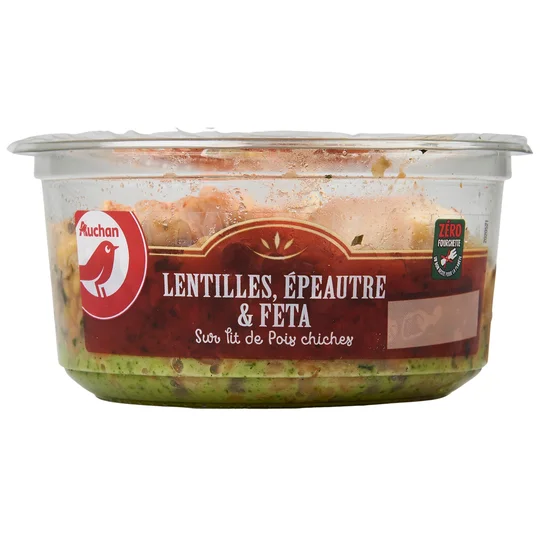 Lentilles épeautre et féta sur lit de pois chiches sans couverts