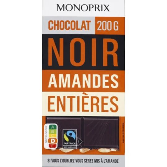 Chocolat noir amandes entières