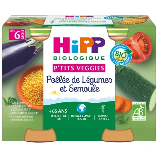 Petits pots bébé dès 6 mois poêlée de légumes et semoule Bio