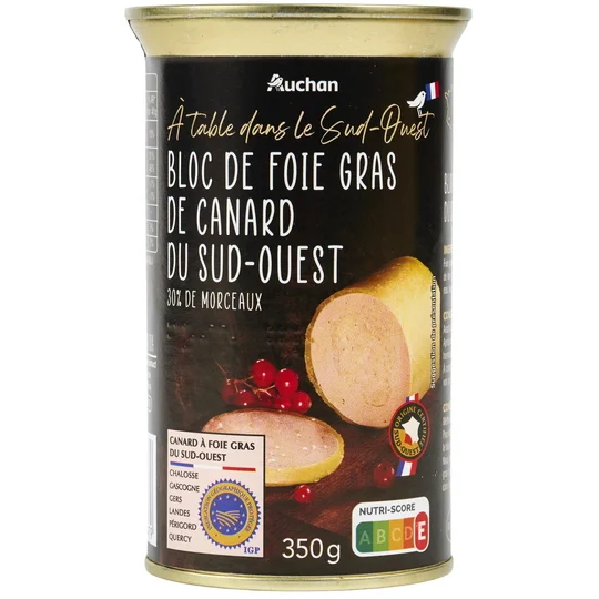 Bloc de foie gras avec 30% de morceaux de canard IGP du Sud-Ouest