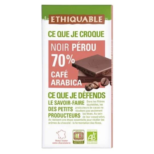 Chocolat noir 70% cacao café Arabica Pérou Bio