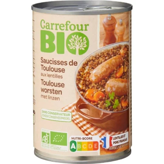 Plat cuisiné bio saucisses lentilles