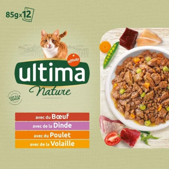 Bouchées 4 variétés, boeuf, poulet, dinde & volaille, pour chat