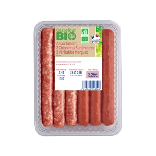 Assortiment mixte 3 chipolatas supérieures et 3 vértiables merguez bio