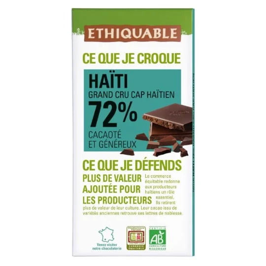 Chocolat noir 72% cacao cacaoté et généreux Haïti Bio