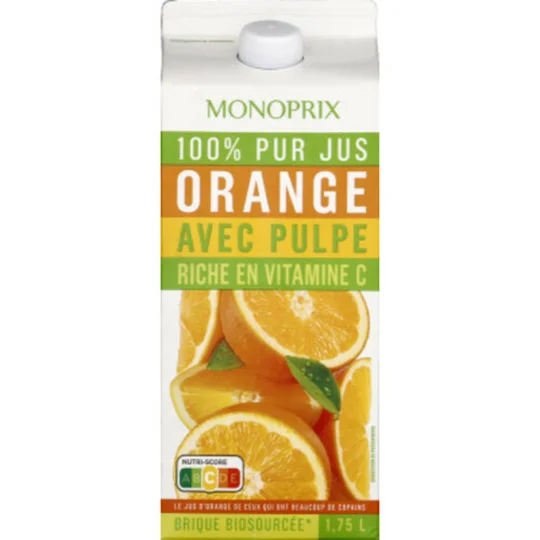 Jus d'orange avec pulpe 100% pur jus