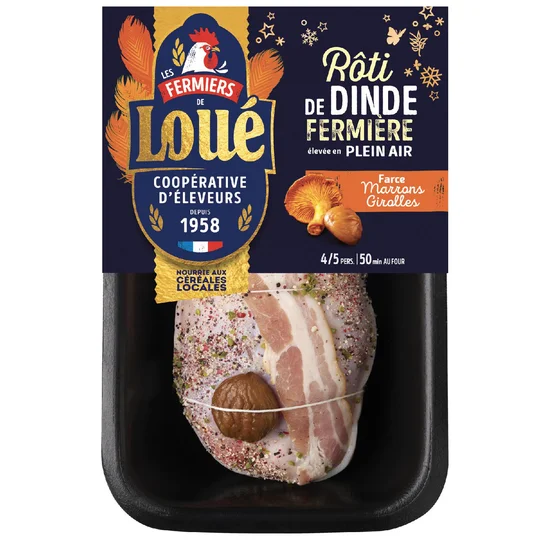 Roti de dinde fermière élevé en pleine air farce marrons girolles