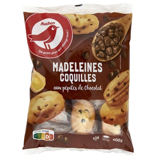 Madeleines coquilles aux pépites de chocolat, sachets individuels
