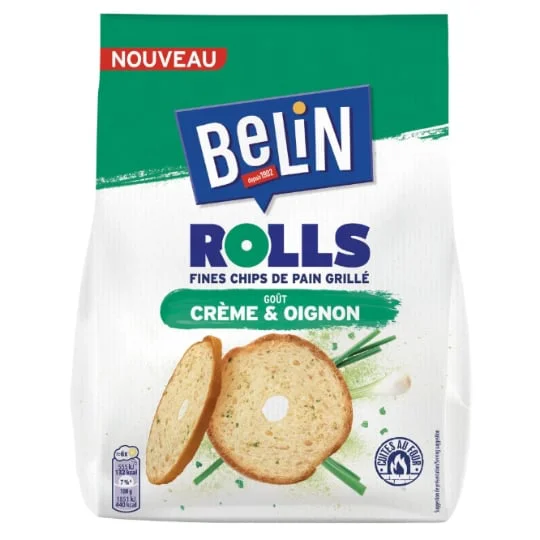 Biscuits apéritifs fines chips de pain grillé goût crème et oignon Rolls