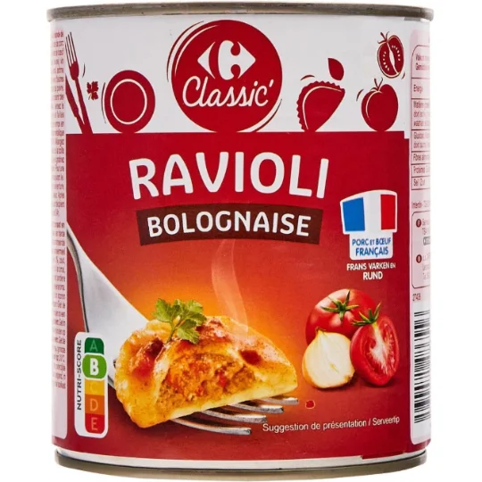 Plat cuisiné ravioli bolognaise