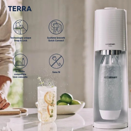 Machine à eau pétillante TERRA + 1 bouteille 1L blanche