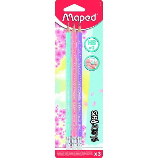 Lot de 3 crayons graphite HB embout gomme Black'Peps pastel