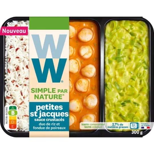 Plat cuisiné petites st jacques, riz et poireaux