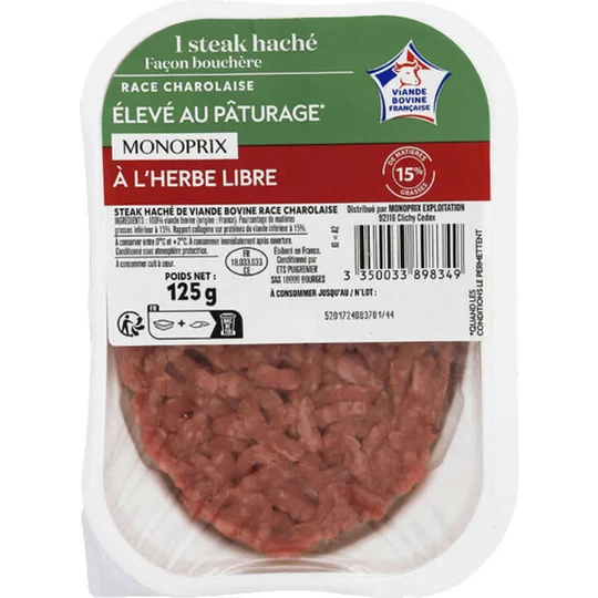 Steak haché de boeuf façon bouchère 15% matières grasses