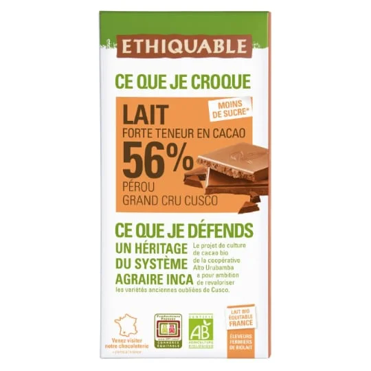 Chocolat au lait 56% cacao Pérou Bio