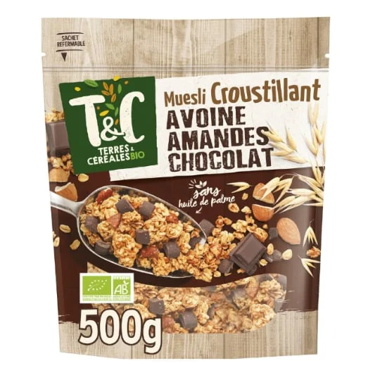 Céréales muesli croustillant d'avoine, amande chocolat sans huile de palme Bio