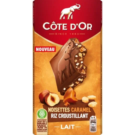 Tablette de chocolat au lait noisettes caramel et riz croustillant
