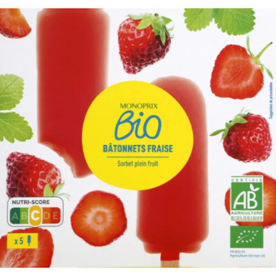 5 Bâtonnets Fraise Sorbet Plein Fruit
