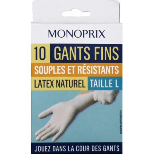 Gants fins souples et résistants, latex naturel, taille L