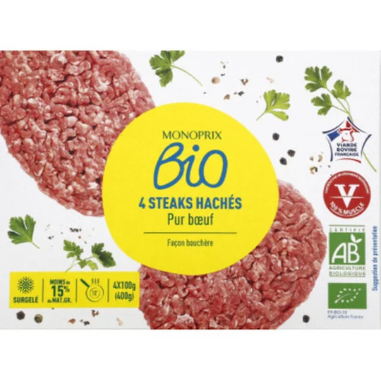 Steaks hachés pur boeuf façon bouchère 15% MG, surgelé