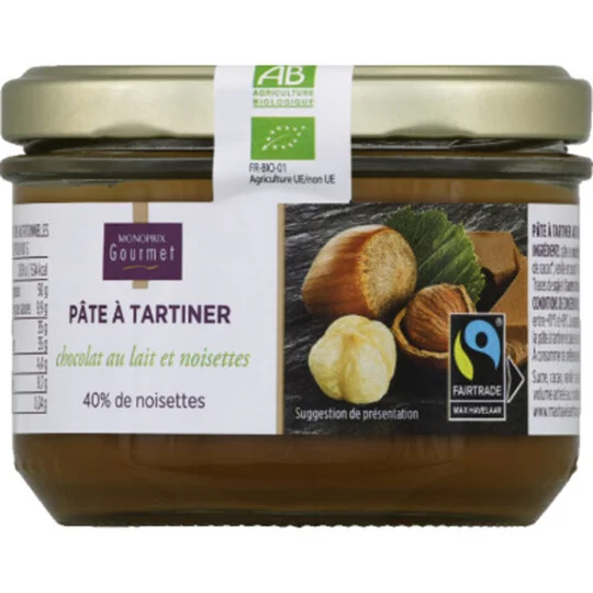 Pâte à tartiner chocolat au lait 40% noisettes bio