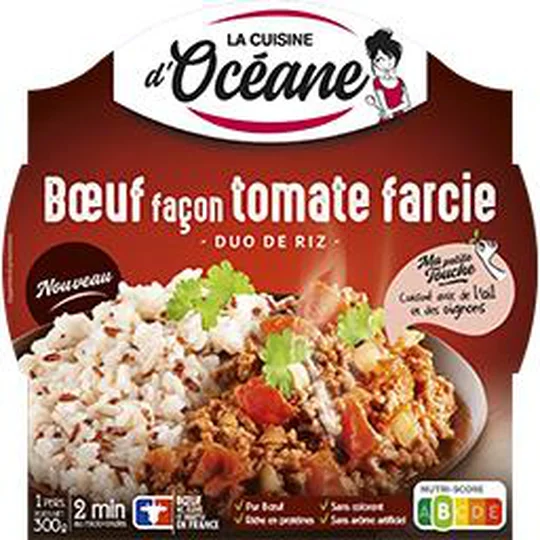 Plat cuisiné boeuf façon tomate farcie et duo de riz