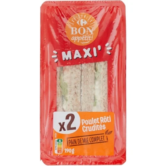 Sandwich poulet rôti crudités