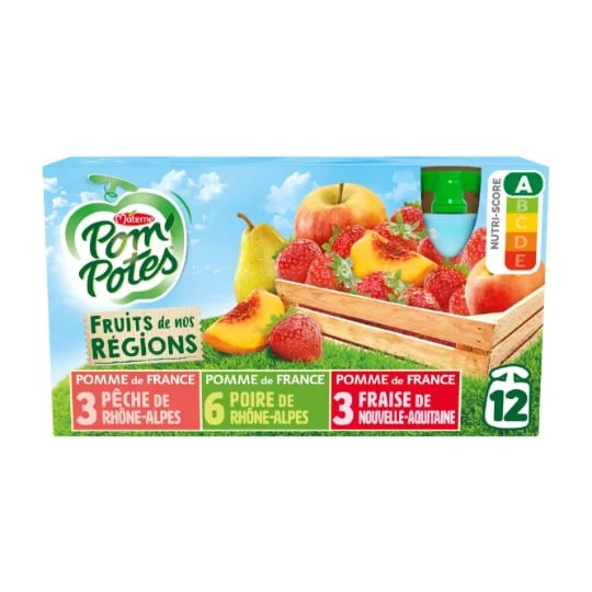 Compotes Fruits de nos régions pomme pêche, poire, fraise sans sucres ajoutés