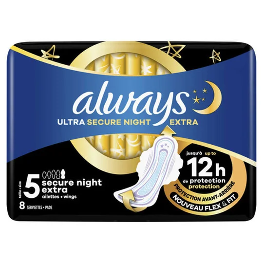 Ultra Serviettes Secure Night Extra (taille 5) Ailettes X8