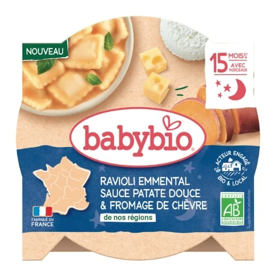 Repas bébé dès 15mois ravioli emmental sauce patate douce et fromage de chèvre bio