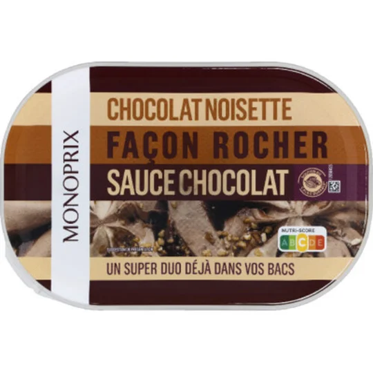 Bac chocolat noisette, facon rocher, sauce chocolat