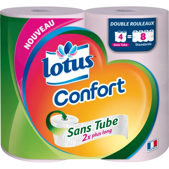 Papier toilette blanc sans tube confort x4 = 8 standards 4 rouleaux