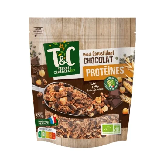 Céréales muesli croustillant protéiné chocolat sans huile de palme Bio