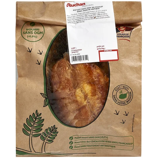 Poulet rôti entier nourri sans OGM et élevé sans antibiotique sans sauce