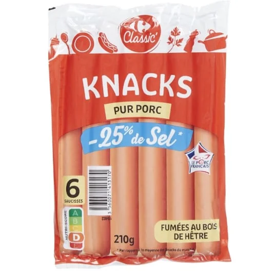 Knacks pur porc réduit en sel