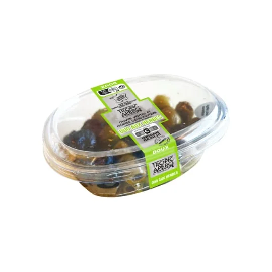 Olive duo verte et noire dénoyautées aux herbes