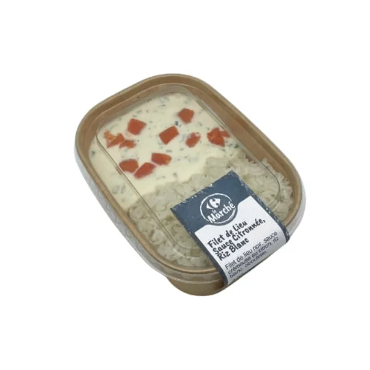 Plat cuisiné filet de lieu sauce citronnée et riz blanc