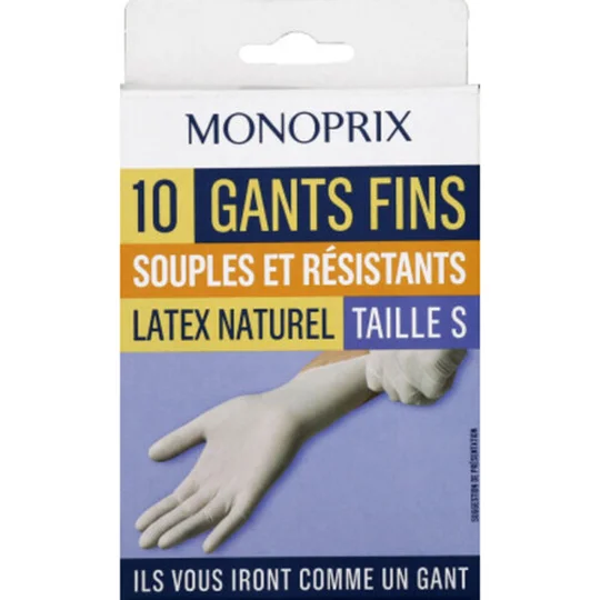 Gants fins souples et résistants, latex naturel, taille S