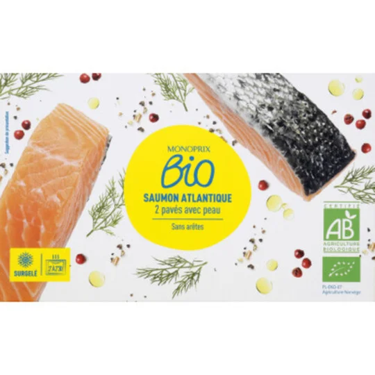 Saumon Atlantique pavés avec peau bio, sans arêtes, surgelé