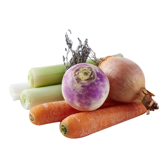 Mélange légumes pour pot au feu : carotte, poireau, navet, oignon et bouquet garni