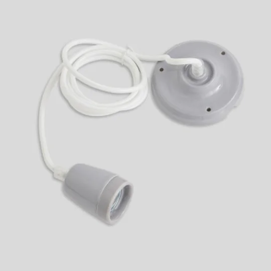 Suspension Douille Grise En Céramique E27 Et Cable Textile Blanc