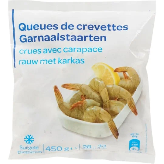 Queues de crevettes crues avec carapace