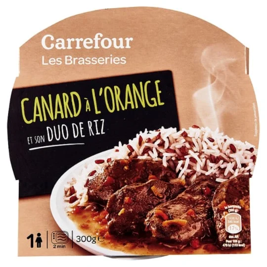 Plat cuisiné canard à l'orange et son duo d