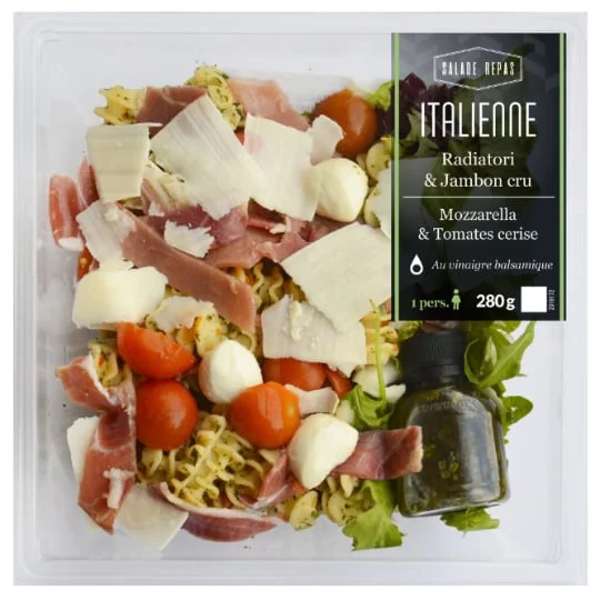 Salade Italienne pâtes Radiatori jambon cru Mozzarella et tomates cerise