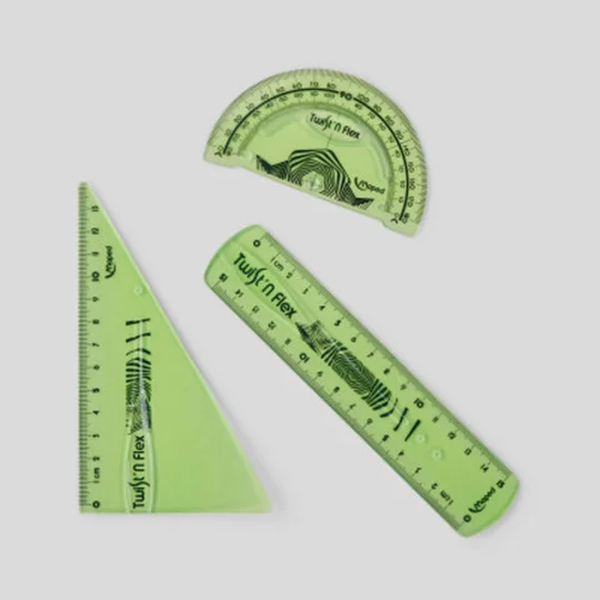 Kit 3 Instruments Incassables Twist N Flex : 1 Règle 15Cm + 1 Équerre 60° + 1 Rapporteur 180°