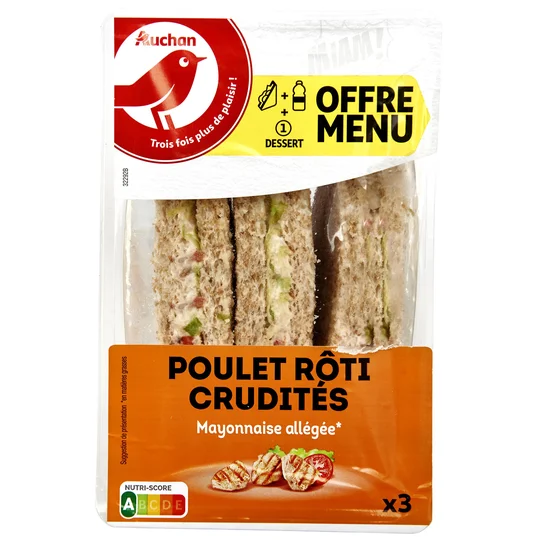 Sandwich triple poulet rôti crudités mayonnaise