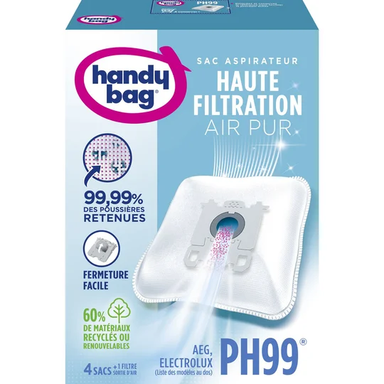 Sacs Aspirateurs PH99 – AEG, Electrolux – 4 sacs + 1 filtre sortie d’air à découper
