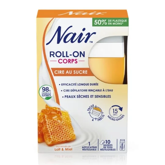 Cire dépilatoire Roll-on cire au sucre, lait & miel + 10 bandes
