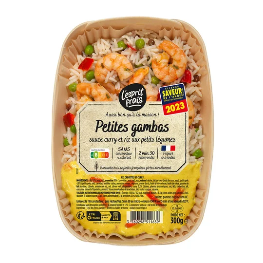 Petites gambas sauce curry riz aux petits légumes