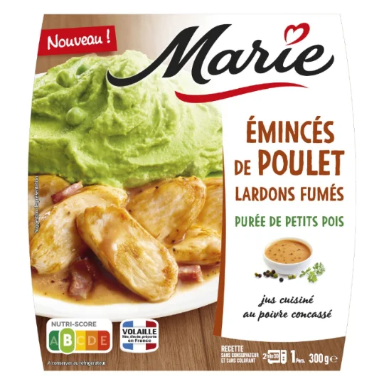 Plat Cuisiné Emincés De Poulet, Lardons Fumés Et Purée De Petits Pois